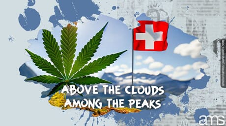 cannabis leaf on top of Swiss alps