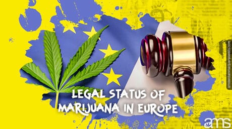 Judge's hammer a cannabis leaf over the European flag