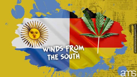 Argentina and German flag with a marijuana leaf