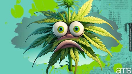 a cannabis plant with a sad face