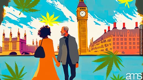 couple walking in London wit cannabis leaves