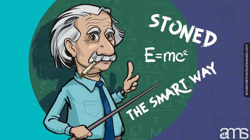 Einstein behind a blackboard with a joint in his mouth