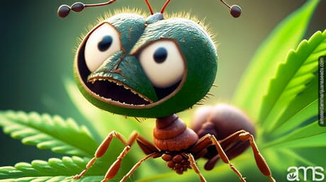 an ant with an angry look on a cannabis leaf