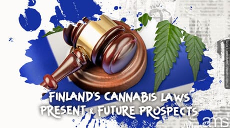 A judge's hammer above the flag of Finland and a cannabis leaf