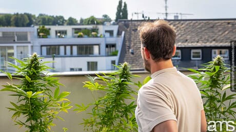 man seen from behind on his terrace in Luxembourg with marijuana plants