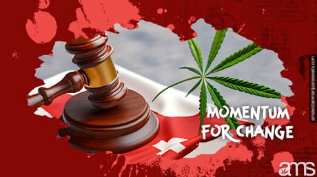 Judges hammer with Swiss flag and marijuana leaf