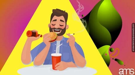 man smoking, eating, and drinking