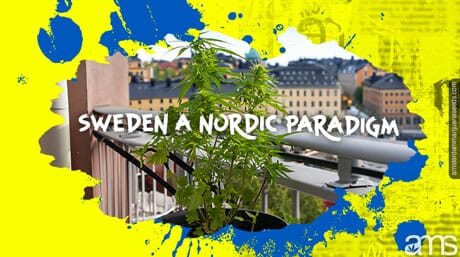 balcony over Stockholm in Sweden with a potted cannabis plant